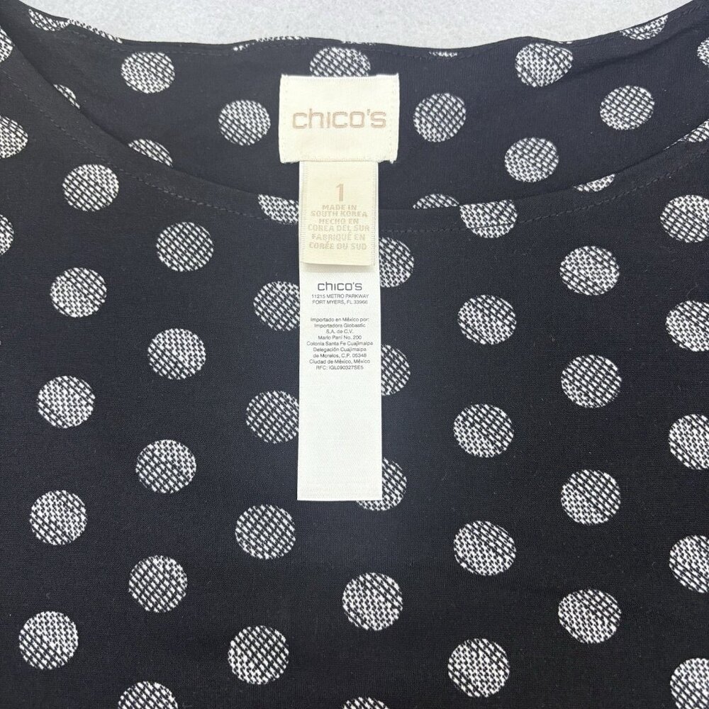 CHICO'S SZ 1(Med-Large)Pullover Tunic Top 3/4 Sleeve Black White Polk Dot Artsy - Picture 9 of 14
